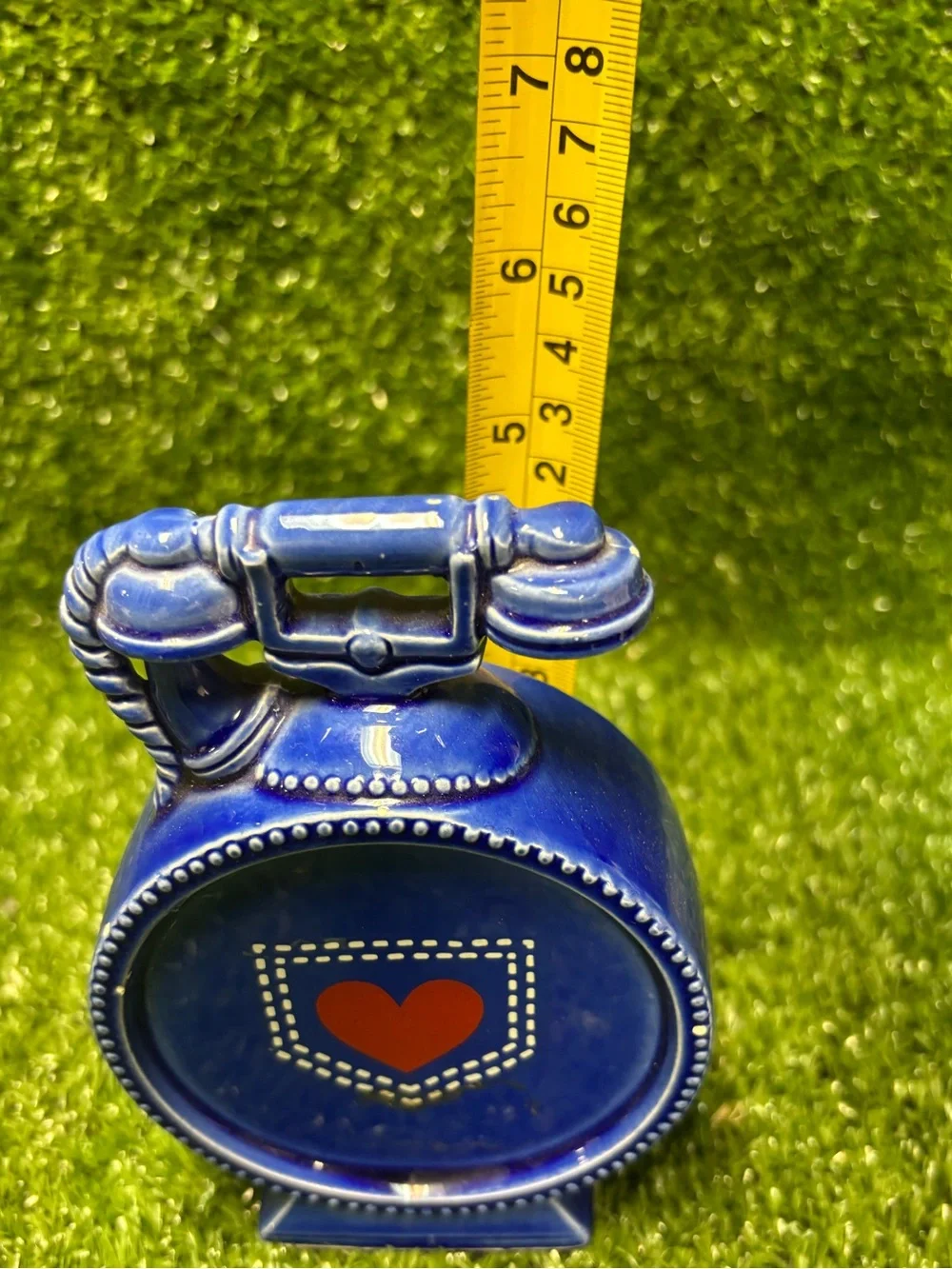 Blue Ceramic Telephone Bank with a Red Heart
